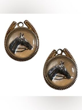 Vintage | Rare | Black Race Horse Dome Earrings